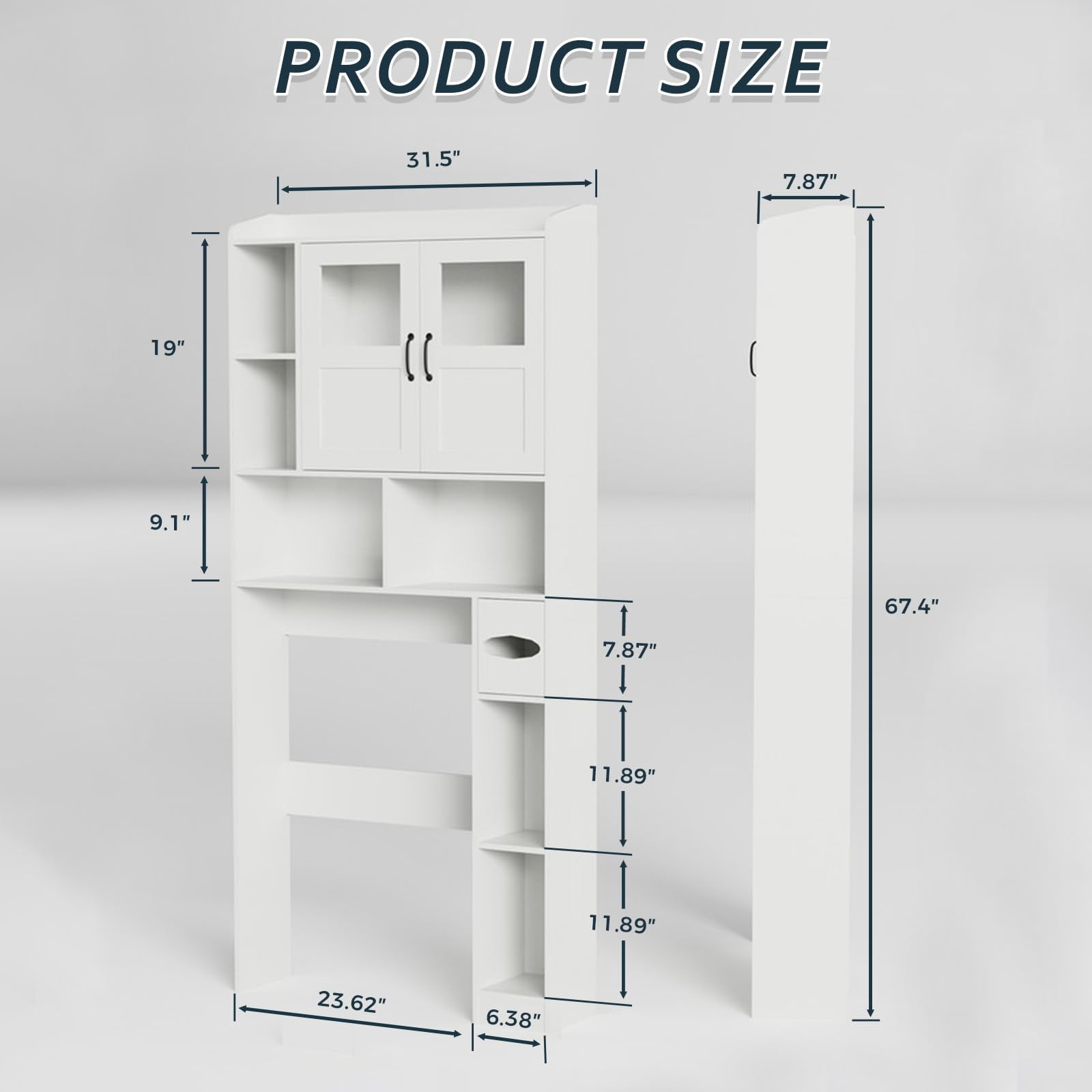 Ataujin 67.4" Tall Over Toilet Storage Cabinet, Freestanding or Wall-Mounted Toilet Organizer with Glass Door & Adjustable Shelves for Bathroom & Laundry Room
