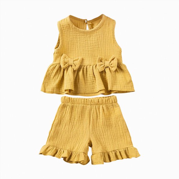 Ccpelsie Girl's 2 Piece Outfit Tie Dye Bow Puff Sleeve V Neck Crop Tops and Pleated Shorts Set for Kids(Yellow,18-24 Years)