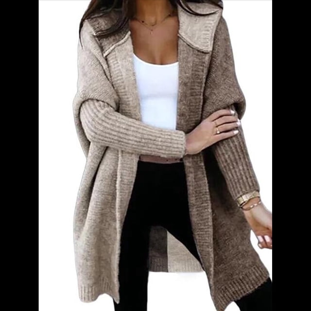 Cárdigan de Punto con Capucha y Larga con Abertura Frontal para Mujer, Abrigos con Bloques de Color, Otoño e Invierno Camello Caqui M