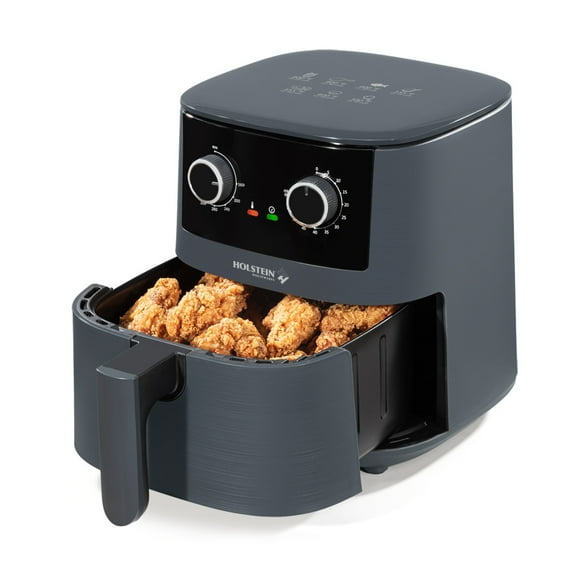Holstein Housewares 4.4QT Air Fryer. Your All-in-One Culinary Solution. Air fry, roast, bake or grill. Adjustable temperature and time, Hot air technology and Dishwasher Safe, 1400W, Grey