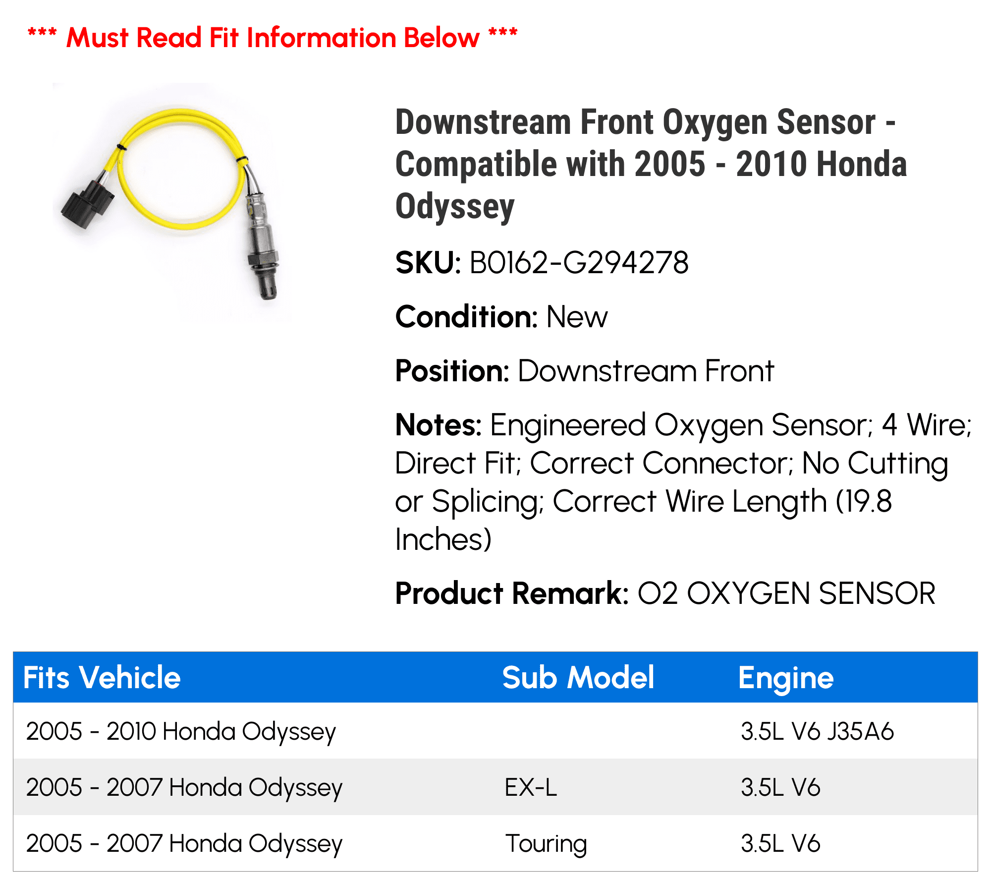 Downstream Front Oxygen Sensor - Compatible with 2005 - 2010 Honda Odyssey 2006 2007 2008 2009
