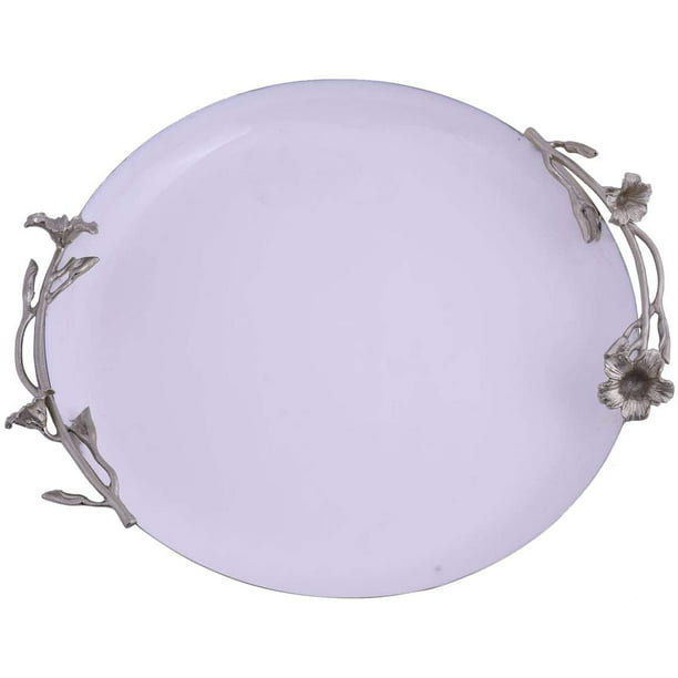 Decozen Large Round Tray Rosemary Flower Shaped Metal Handles Serving Tray Food Drinks And Sweets Serving Round Ottoman Tray Counter Top Table Top Farmhouse Tray 14 00 X 13 00 X 2 50 Inches Walmart Com Walmart Com