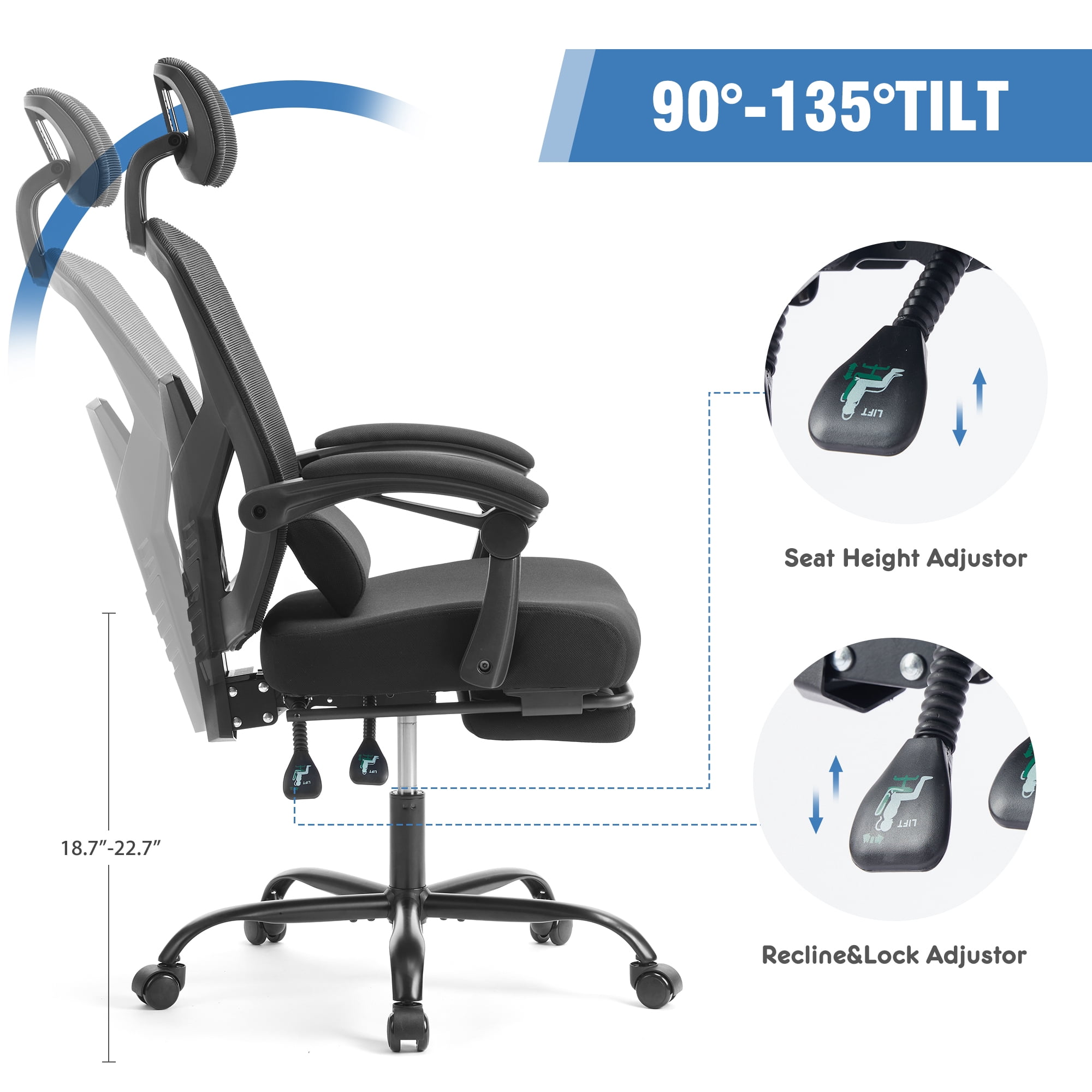 CONCETTA Ergonomic High Back Mesh Office Chair with Headrest, Footrest, Armrests for Adults, Black