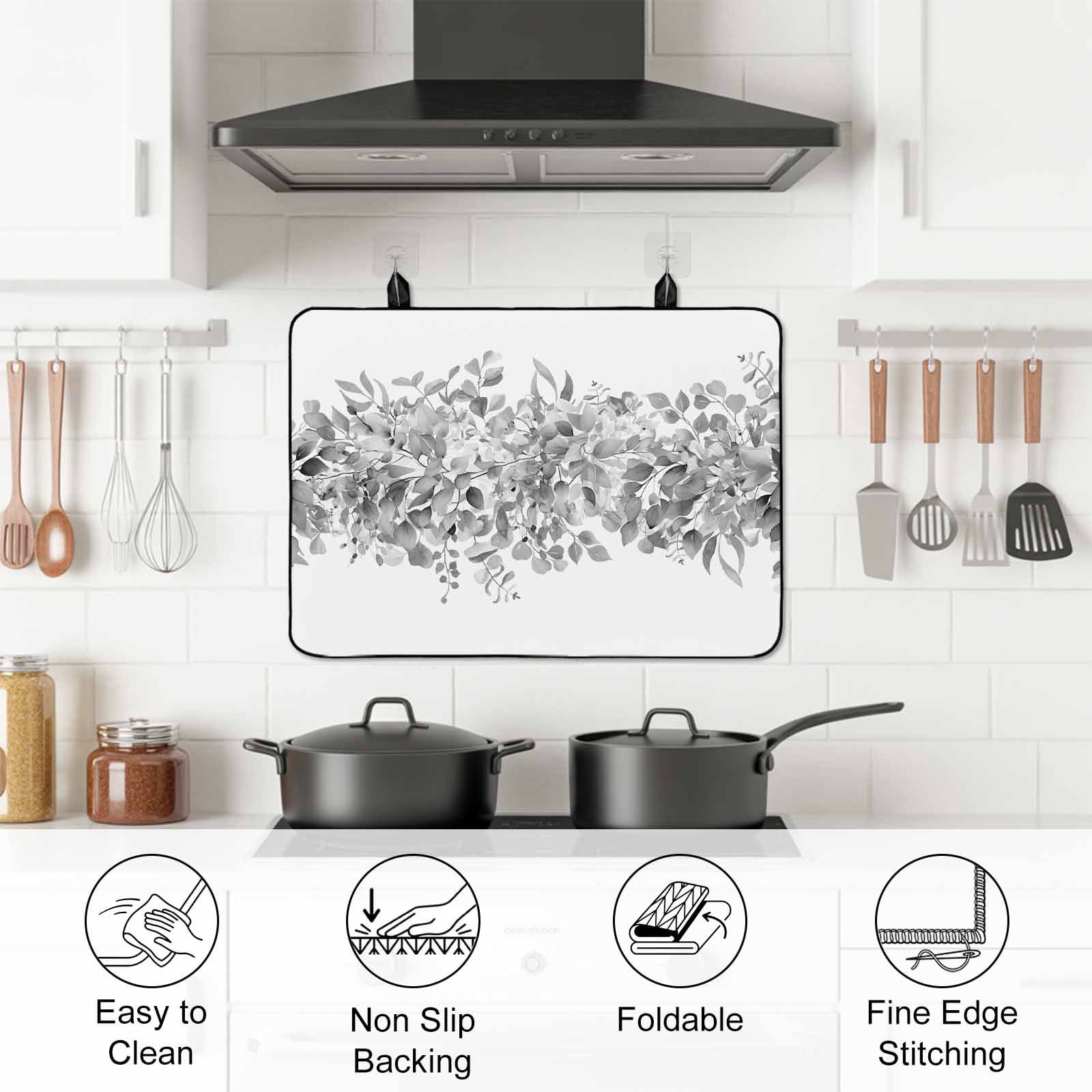 Black Grey Eucalyptus Leaves Stove Top Cover for Electric Stove, Heat-proof & Non Slip Glass Top Stove Cover Protector, Spring Summer Botanical Floral Kitchen Flat Cooktop Rubber Mat 36x21 Inches