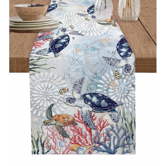 Hokiten Table Runners 90 Inches Long Dress Scarves, Blue Sea Turtle Coastal Farmhouse Coffee/Dining/Kitchen Table Runner for Living Room, Vintage Summer Beach Coral Shell 13x90 Inch