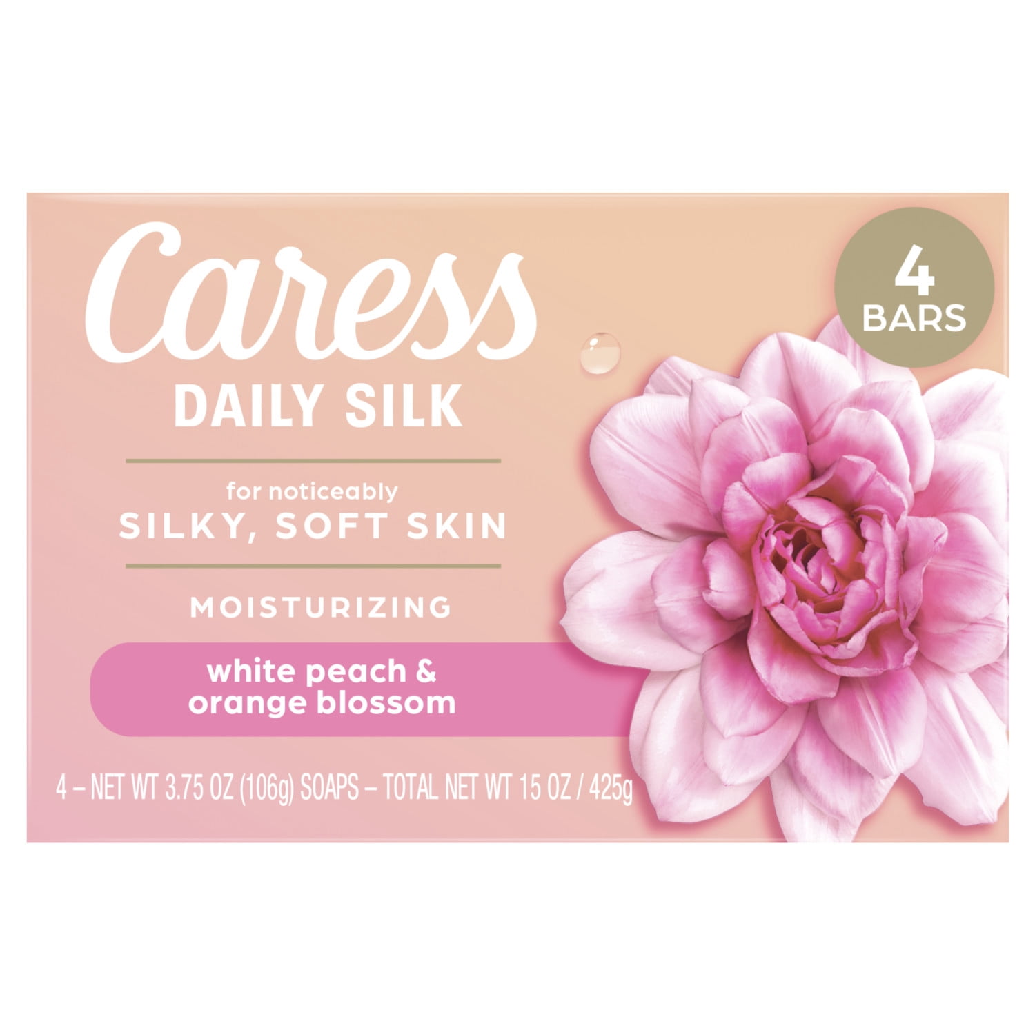 (3 pack) Caress Bar Soap for Women, Daily Silk White Peach & Orange Blossom for All Skin, 3.75 oz 4 Body Bath Bars
