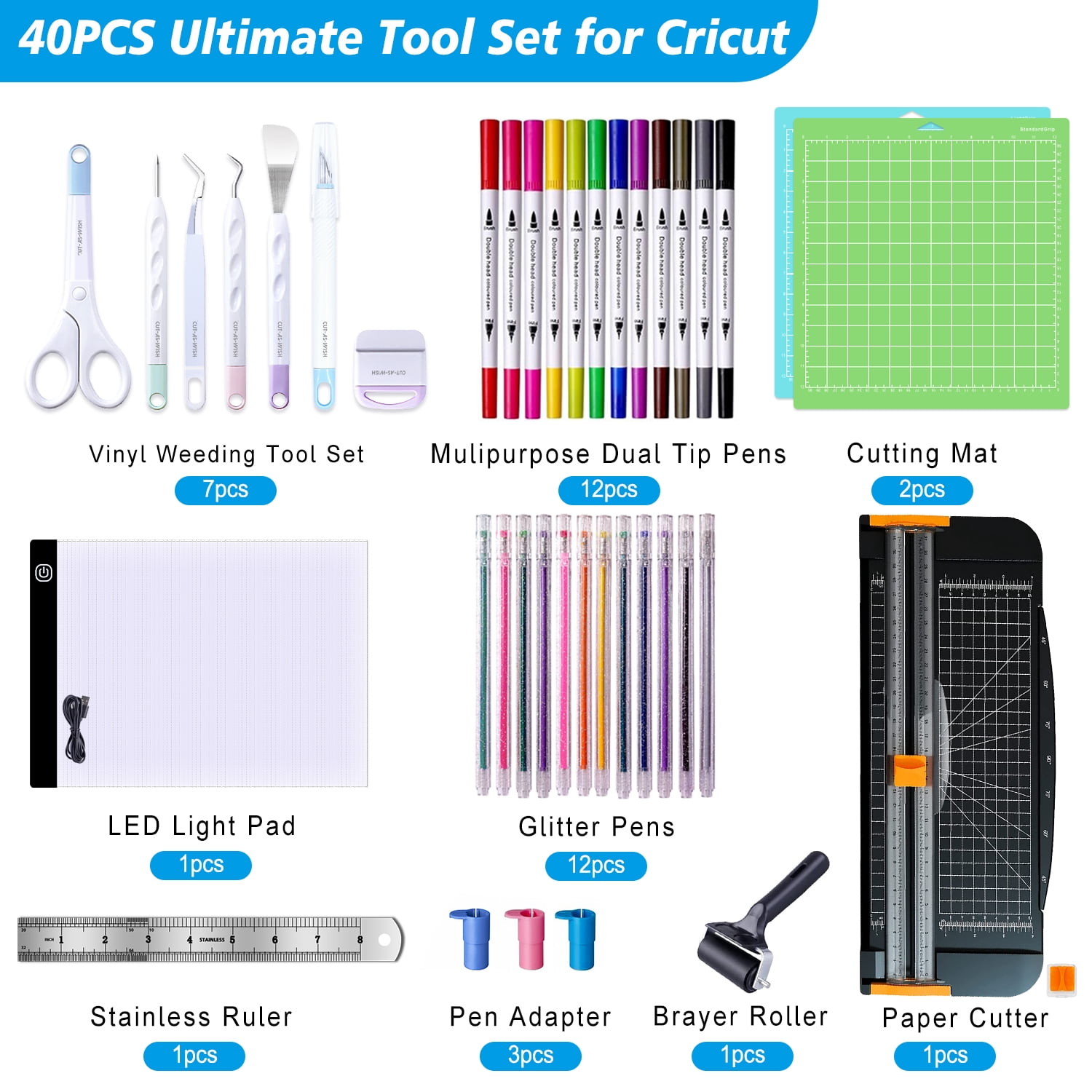 CUTASWISH 40-Piece Crafting Accessory Kit for Cutting Machines with Weeding Set, Cutting Mats, Paper Cutter, LED Light Pad, Vinyl Scraper, Brayer Roller
