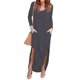 thumbnail image 3 of Vestido de manga larga con abertura lateral, cuello en V, bolsillo, dobladillo irregular, vestido largo de color puro para mujer, gris S, 3 of 5