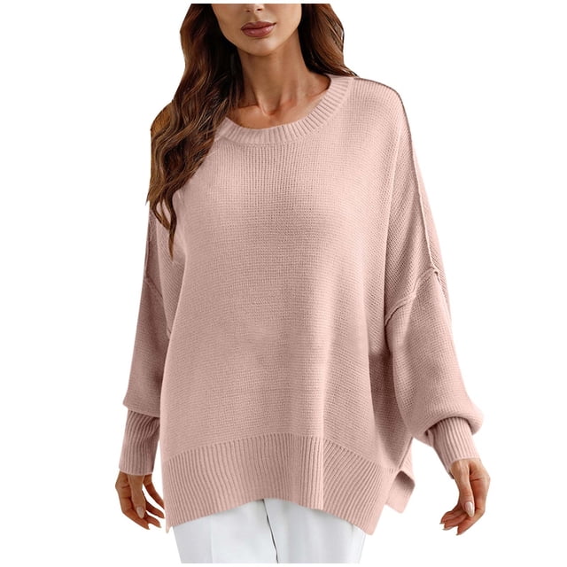 PEONAVET Chandail à Col Rond pour Femmes Mode Féminine Décontractée Ample Grande Taille Manches Longues Chandail Tricoté Chandail à Col Rond