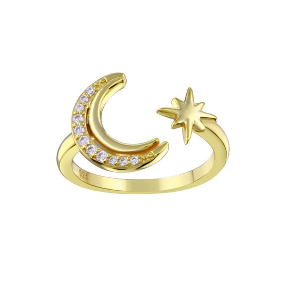 Gold Plated 925 Sterling Silver Crescent Moon & Star Clear CZ Ring White Jewelry Female Size 6