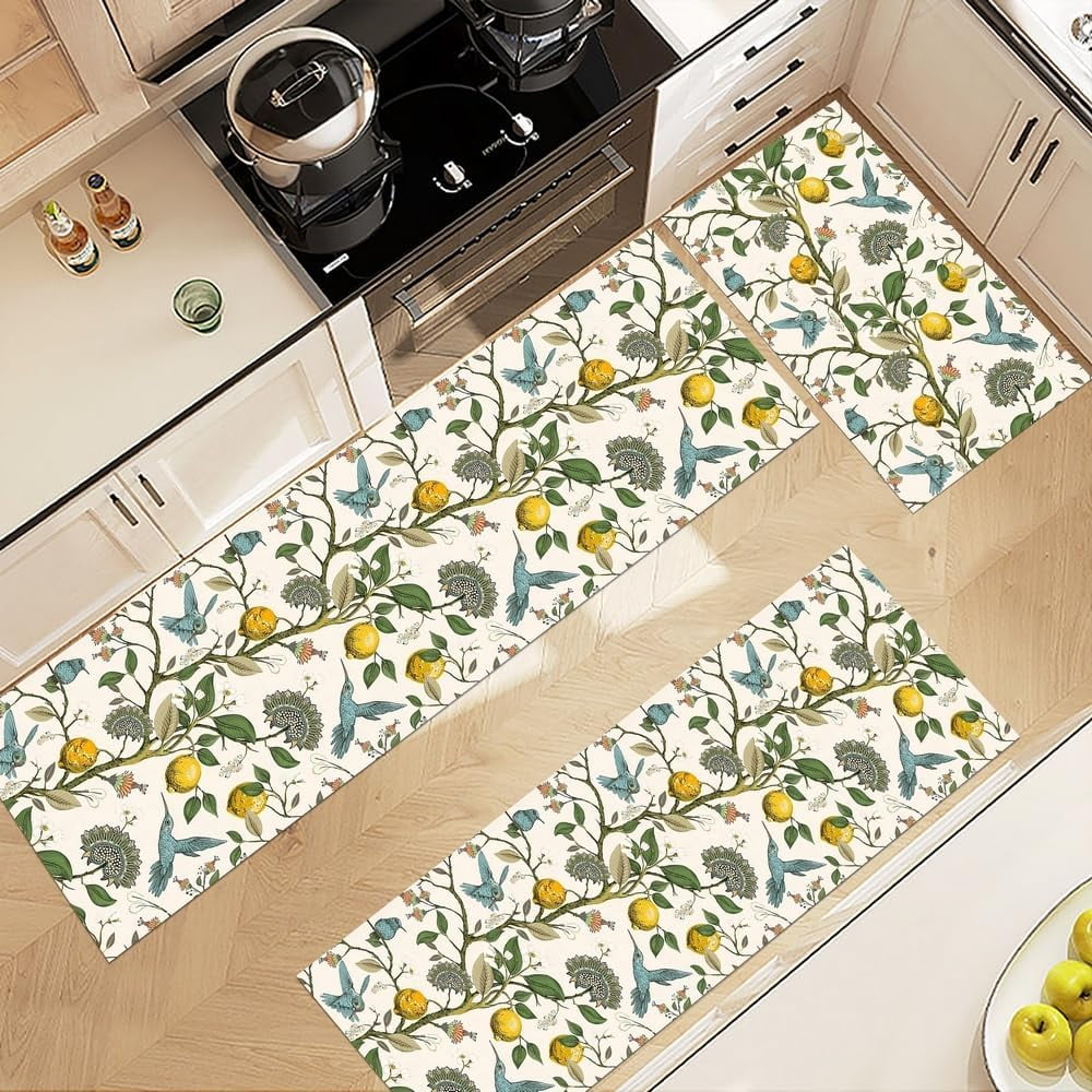 Lemon Tree Floral Hummingbird Kitchen Rugs Sets of 3,Non Slip Rubber Kitchen Mats for Floor Farmhouse Washable Kitchen Area Rugs Floor Carpet Runners for Hallway Laundry Room,Yellow/Green