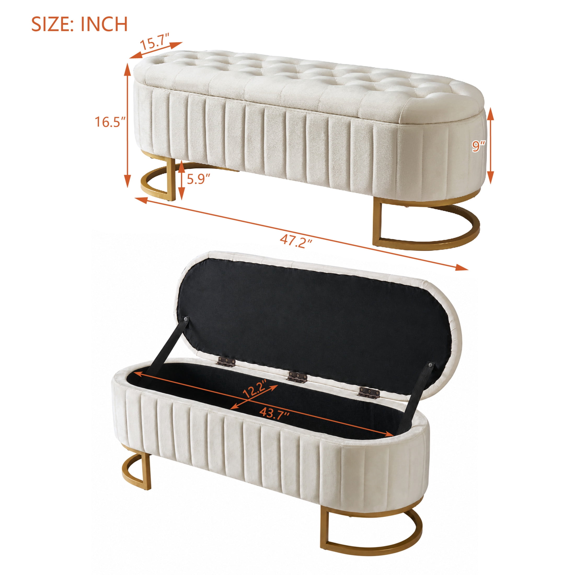 Noble House Elegant Upholstered Velvet Storage Ottoman with Button-Tufted Design, Storage Bench with Metal Legs,Beige