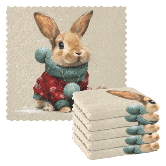 6 Pieces of Kitchen Towels 11x11Inch Kitchen Dish Cloths Kitchen Dish Towels Reuseable Cleaning Cloths Christmas Rabbit