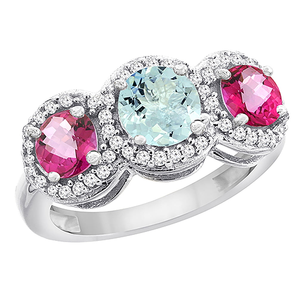 14K White Gold Natural Aquamarine & Pink Topaz Sides Round 3-stone Ring Diamond Accents, size 5 by Gabriella Gold