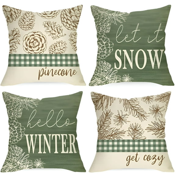 AUQ Hello Winter Pine Cone Decorative Throw Pillow Covers 20X20 Set of 4,Let It Snow Pine Leaves Green Buffalo Plaid Check Cushion Case Decor,Get Cozy Farmhouse Christmas Holiday Home Decoration