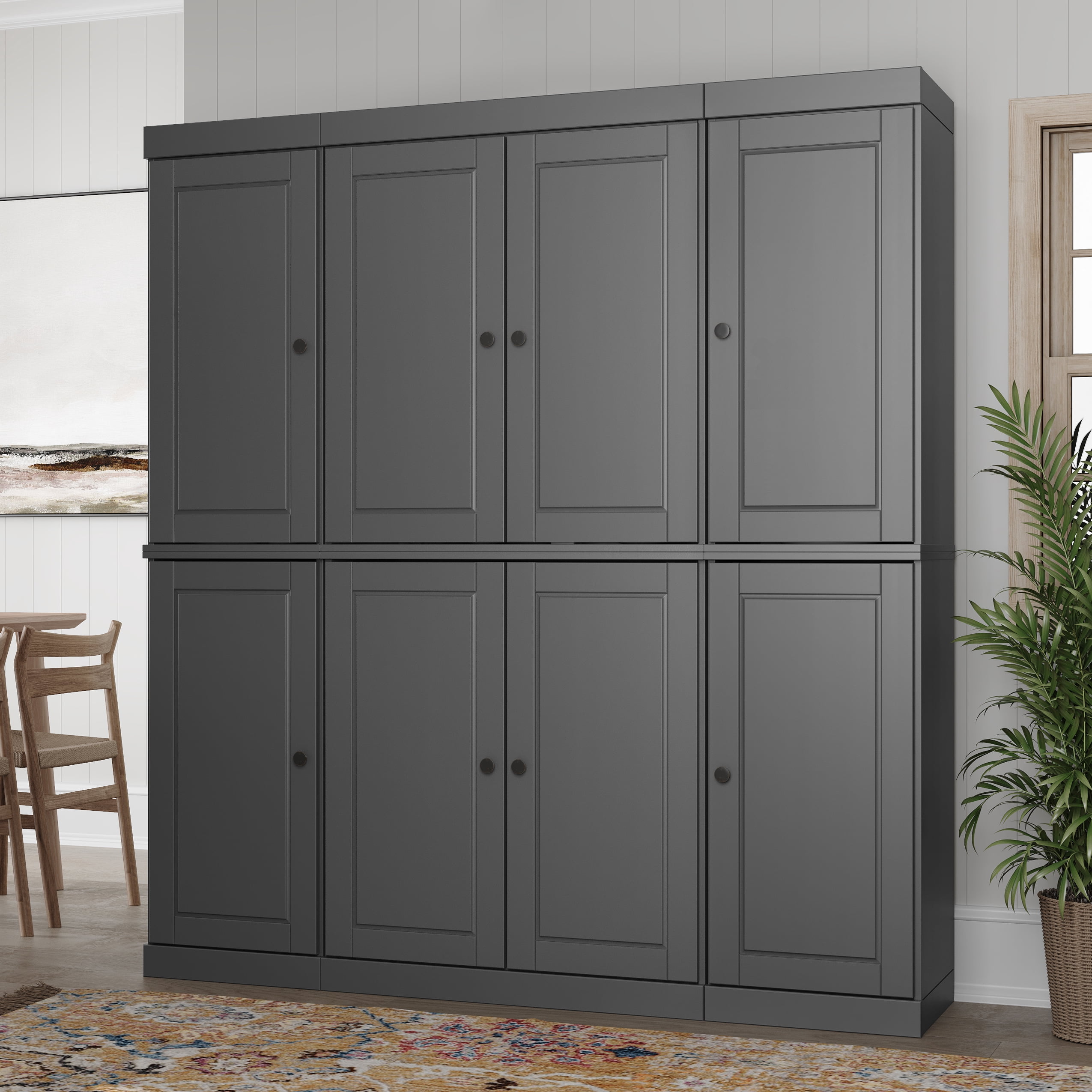 100% Solid Wood Kitchen Pantry Storage Cabinet with Solid Doors and Adjustable Shelves, Gray Wooden Modular Tall Cabinets