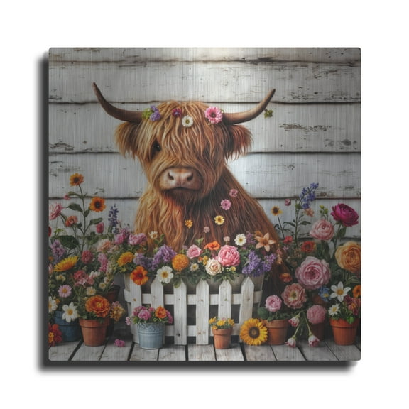 Luxe Metal Art 'Adorable Highland Cow' by Rey Klimt Metal Wall Art, 12" x 12"