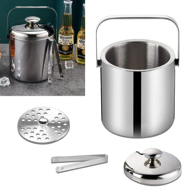 Stainless Steel Ice Bucket, Portable Double Walled Insulated Cooler with Tong Lid and Water