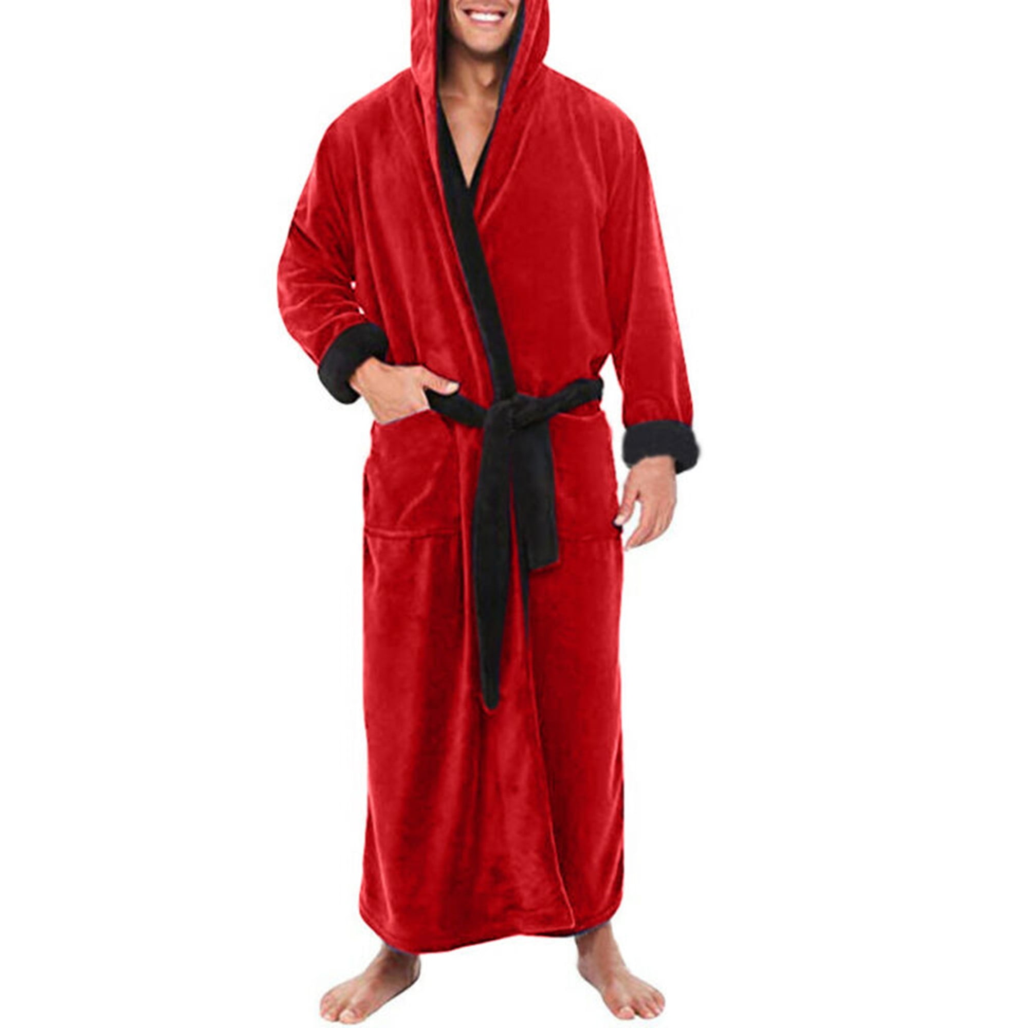 Mens Dressing Gown with Hood Long Bathrobe Men Pajamas Housecoat Winter Sleepwear Home Loungewear 