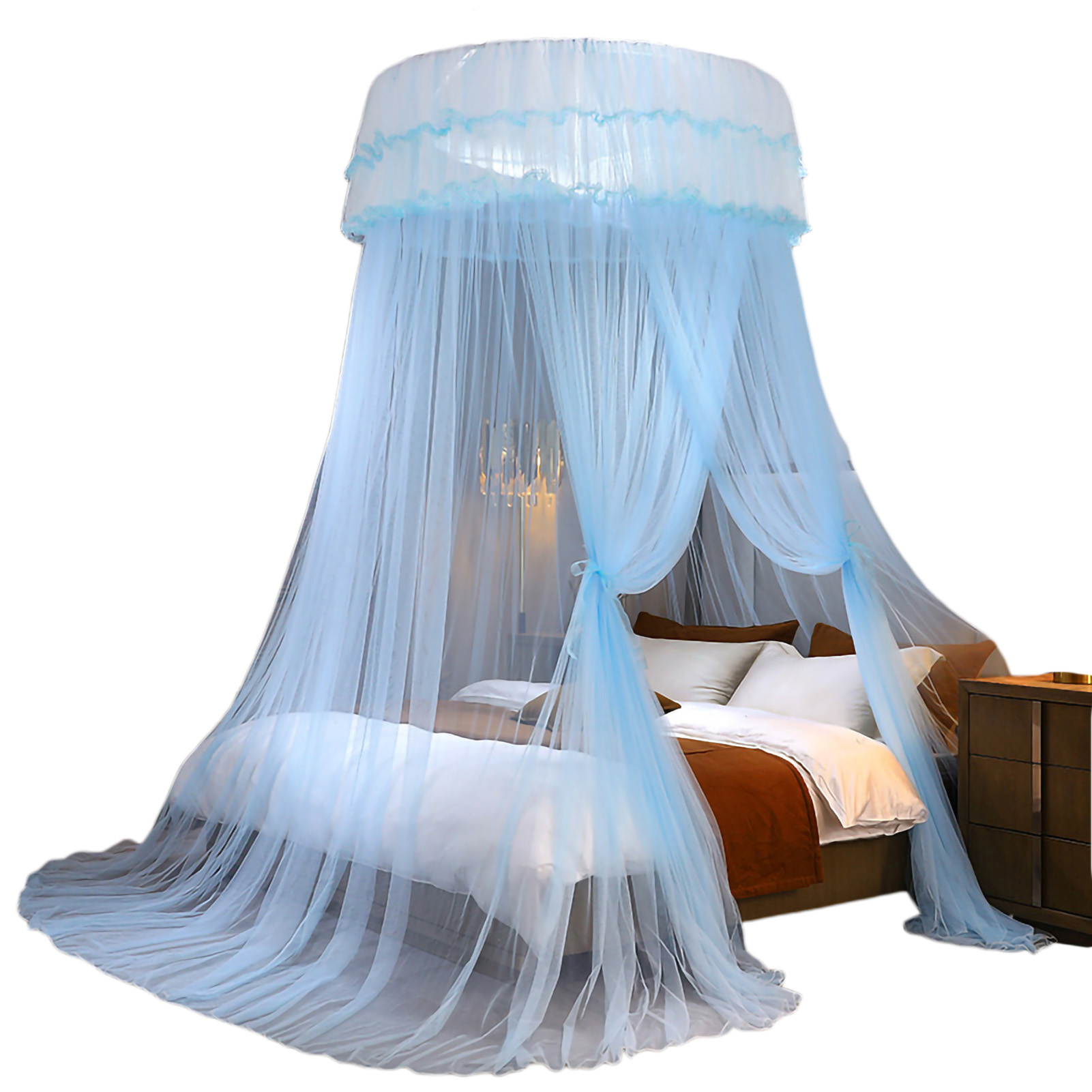 harmtty Hanging Mosquito Net Top Hook Encrypted Mesh Lace Patchwork Mosquito Repellent Round Dome Court Style Crib Canopy Bedroom Decoration,Light Blue