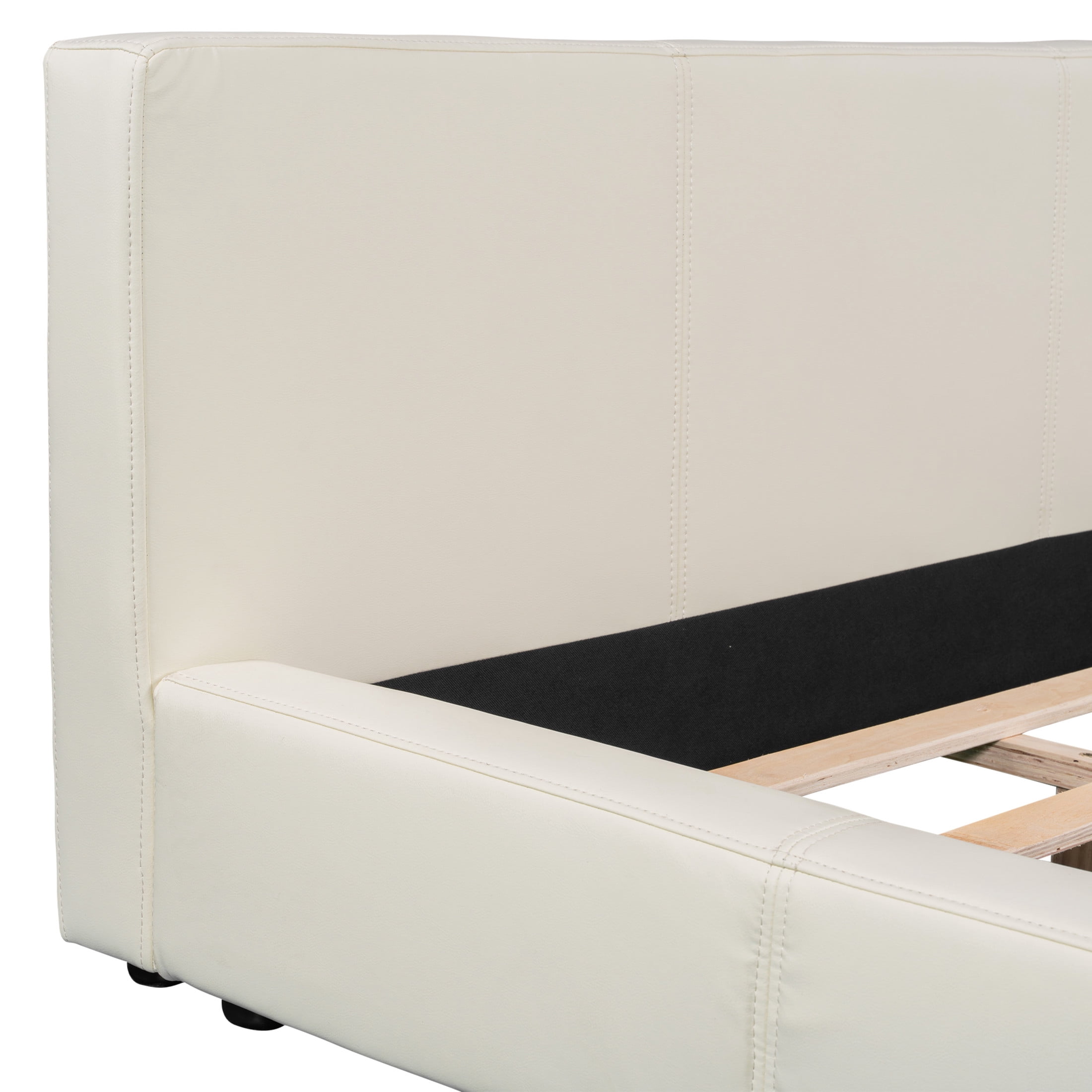 Christopher Knight Home 88" Queen Size Platform Bed Frame, Modern Faux Leather Upholstery, Beige