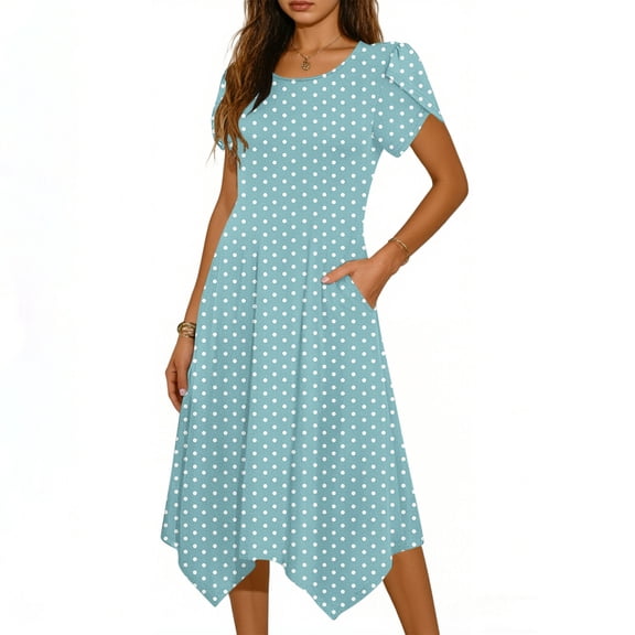 Qgtaibl Womens Polka Dot Long Dress Crew Neck Short Sleeve Casual Dress with Pockets Stretch Pleated Flowy Beach Dress Light Blue S