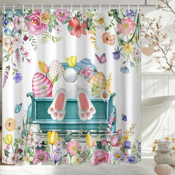 Easter Shower Curtain Spring Floral Bunny Bathroom Curtain Set Rabbit Easter Eggs Truck Happy Easter Bath Decor Waterproof Fabric Washable Curtain with 12 Hooks (White, 72x72 inch, Truck)
