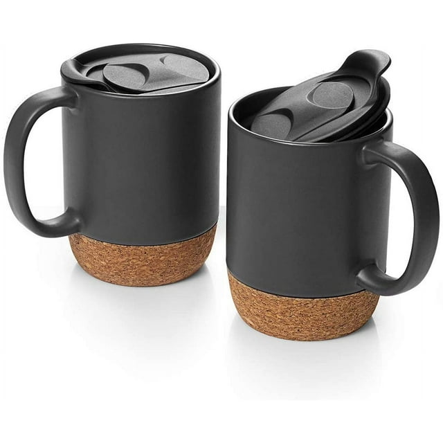 ER Taza de café, 15 onzas, un juego de 2, tazas de café grandes de cerámica, con fondo de corcho y tapa a prueba de salpicaduras, adecuada para hombres y mujeres, regalo de Navidad de Acción de Gracias, taza de café con leche, té, gris mate oso de fresa Electrónica
