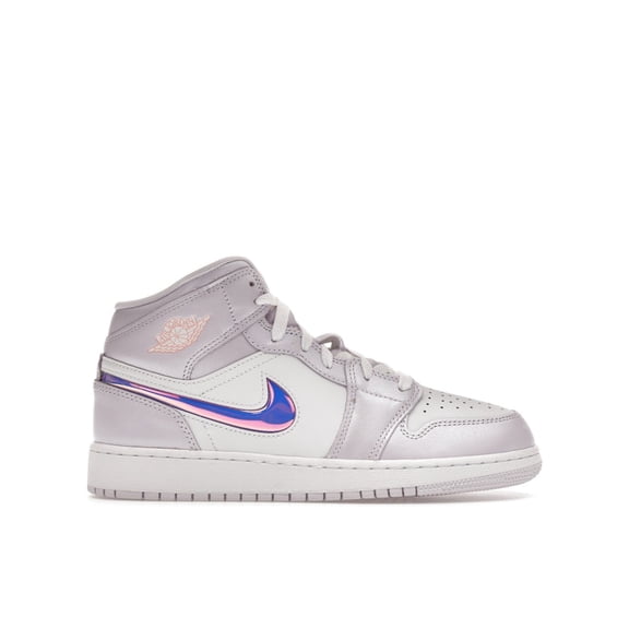 Jordan Kid's 1 Mid SE Barely Grape Iridescent Swoosh Shoes, from StockX