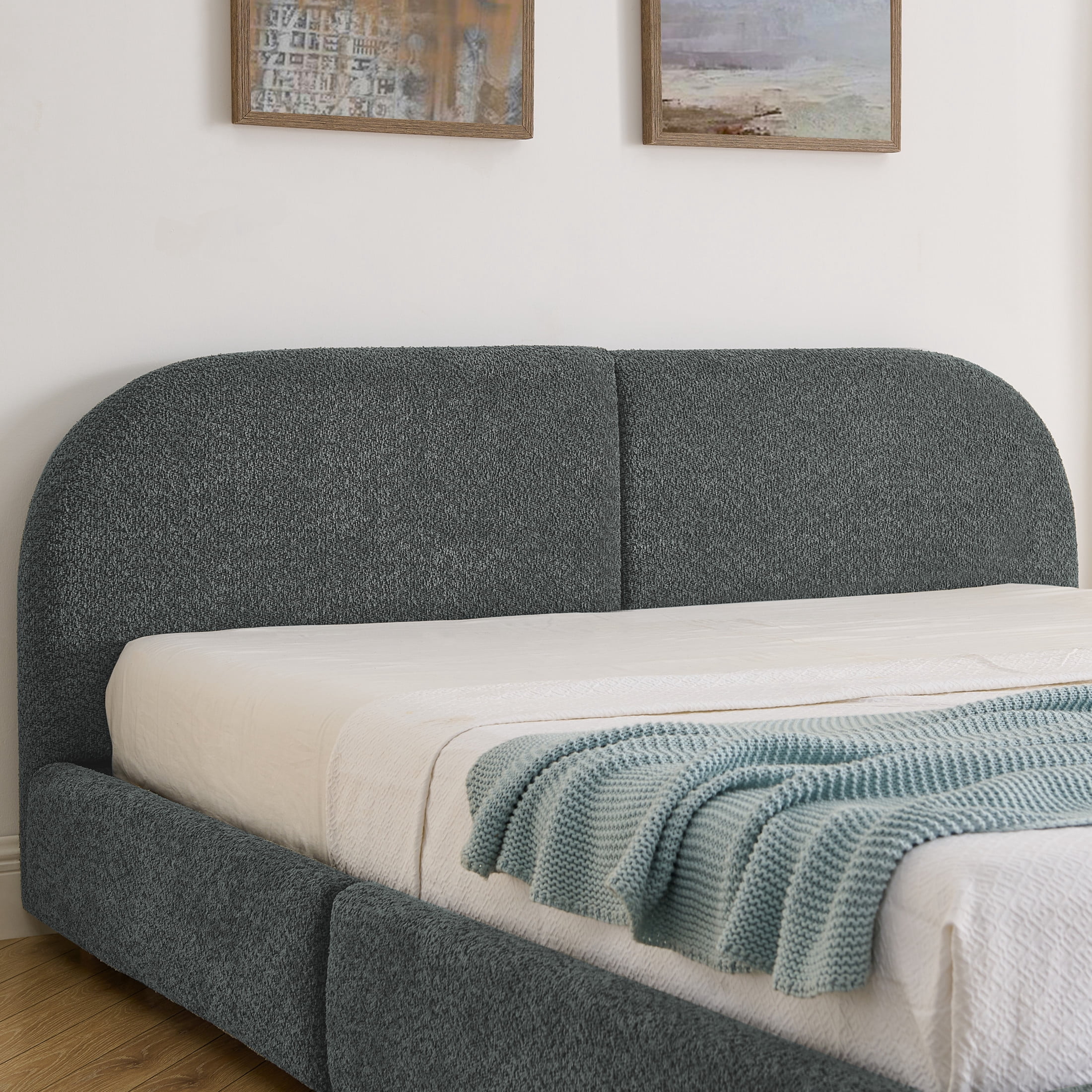Noble House Elbert Queen Size Upholstered Bed Frame, Circle Yarn Tall Curved Headboard with Storage Drawers, Dark Gray