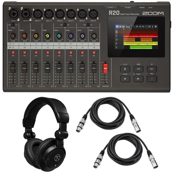 Zoom R20 Portable Multitrack Recorder, Bundle with TAPH100 Monitor Headphones and 2x 10' XLR M to F Microphone Cable
