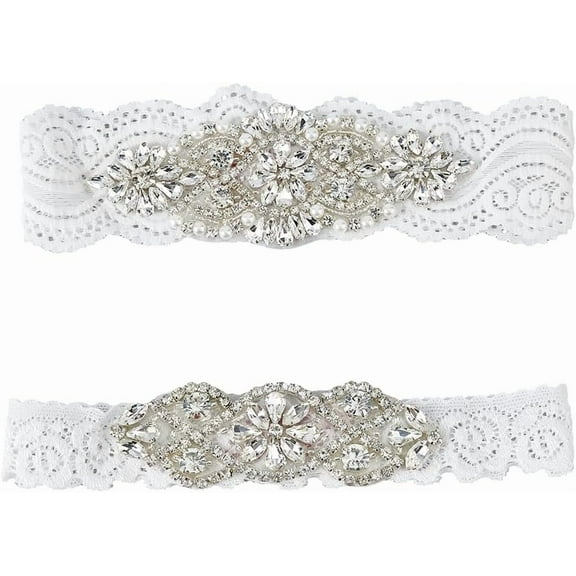 2 Styles Lace Wedding Garter Set Rhinestone Lace Garters Wedding Garters Elegant Stretchy Floral Garters Soft Polyester Lace Band Garter for Bride Prom Woman Girls White White