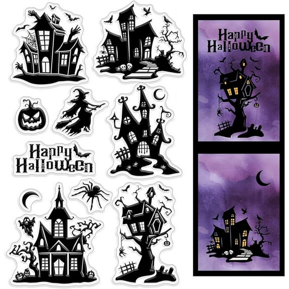 Halloween Themed Silicone Clear Stamps Haunted House Pumpkin Spider Sorceress Reusable Rubber Transparent Seals