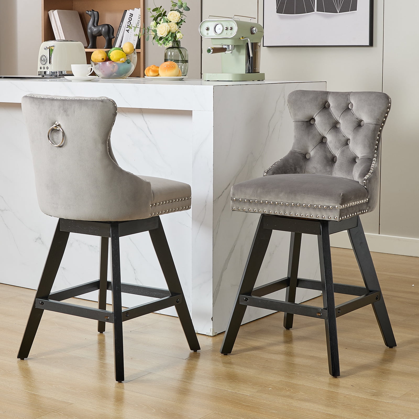 Modern Swivel Bar Stools Set of 4, Grey Counter Height Bar Stools with Back for Kitchen Island, Velvet Upholstered Island Chairs with Wood Legs, Barstool Chairs, Sillas para Barra de Cocina