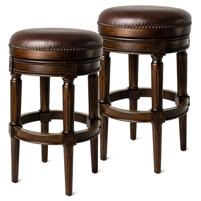 Maven Lane Pullman Backless Bar Stool in Dark Walnut Finish with Vintage Brown Vegan Leather, Set of 2