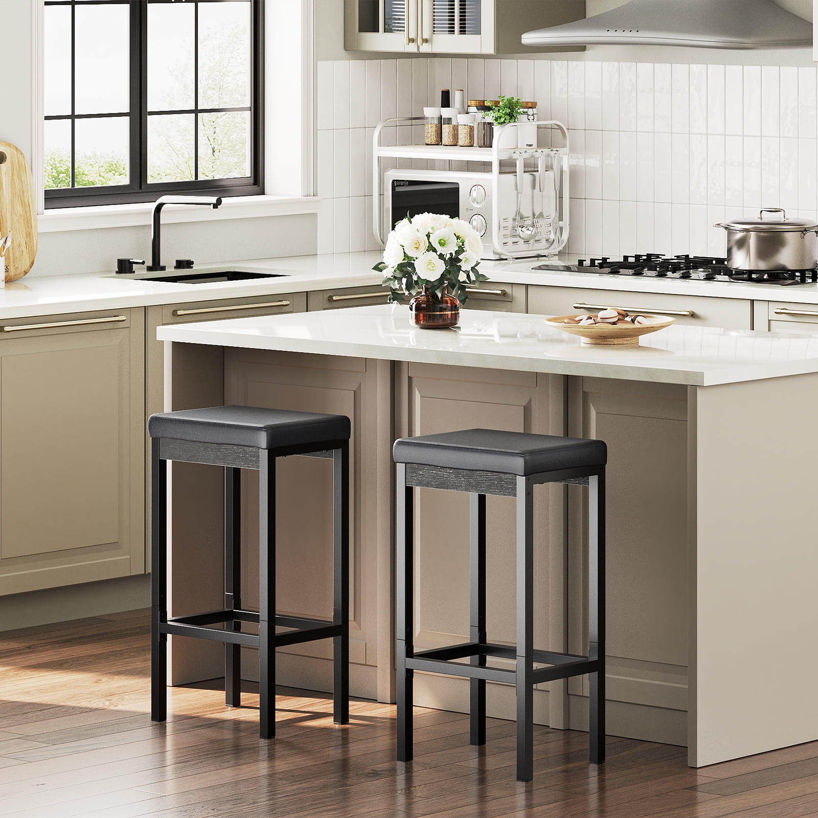 HOOBRO Adult Backless 24.8-Inch Height and 2 Inch Thick Upholstery Bar Stools - Set of 2, Black