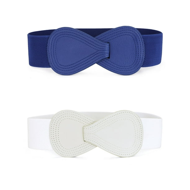 Cinturón Elástico Para Mujer Cinturones De Vestir Elásticos De Piel Sintética Flacos En Forma De 8 Blanco azul 68.6cm/27"