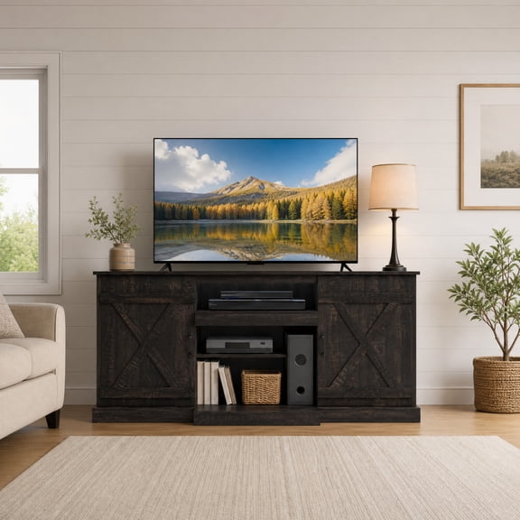 Farmhouse TV stand for TVs up to 65", Entertainment Center with LED Light & Barn Door,Coffee
