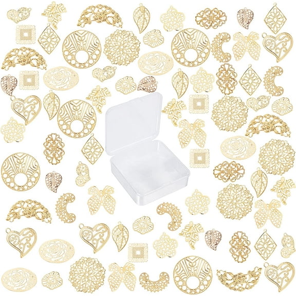 1 Box 80Pcs 16 Styles Filigree Connector Charms Flower Filigree Metal Embellishments Metal Iron Pendants Leaf Oval Flat Round Heart Shape for Jewelry Making Findings Crafts Supplies Golden