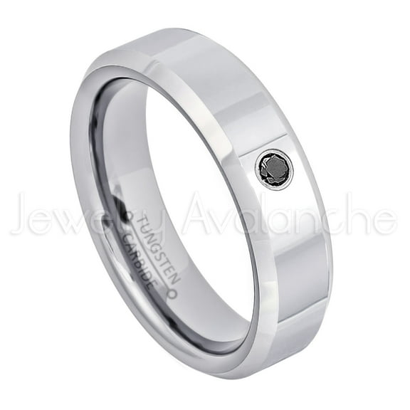 6mm Ladies Polished Beveled Tungsten Ring - 0.07ct Solitaire Black Diamond Ring - Personalized Tungsten Wedding Ring - Custom Made April Birthstone Ring TN048BS