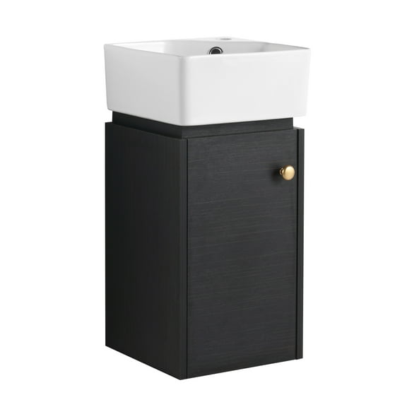 Tcbosik 12 inch Vanity Cabinet with Ceramic Sink for Small Space, Floating Storage Cabinet with Soft Close Door for Bathroom, Black