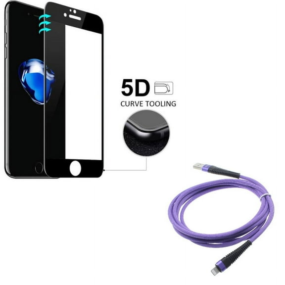 iPhone 7/8 PLUS Screen Protector w 10ft USB Cable - Tempered Glass 5D Touch Curved Edge Full Cover, Purple Charger Cord Power Wire for iPhone 8 PLUS/7 Plus