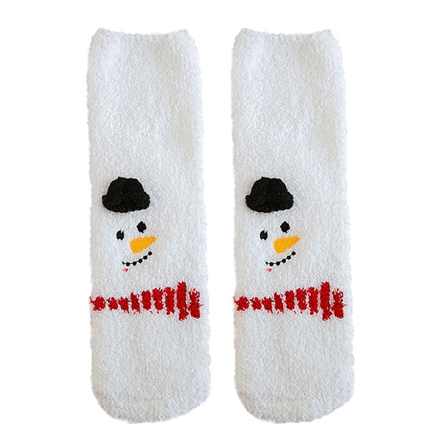 calcetines de navidad de dibujos animados para mujer, calcetín femenino de invierno con bordado de terciopelo coral fridja nalpqowj3816 calcetines blancos de coral fleece talla única (28x8.5 cm), vista frontal centrada con muñecos de nieve bordados — gorro negro, nariz amarilla y bufanda roja; textura engrosada y esponjosa, incluye 1 par y caja; aptos como regalo navideño o para uso en casa.