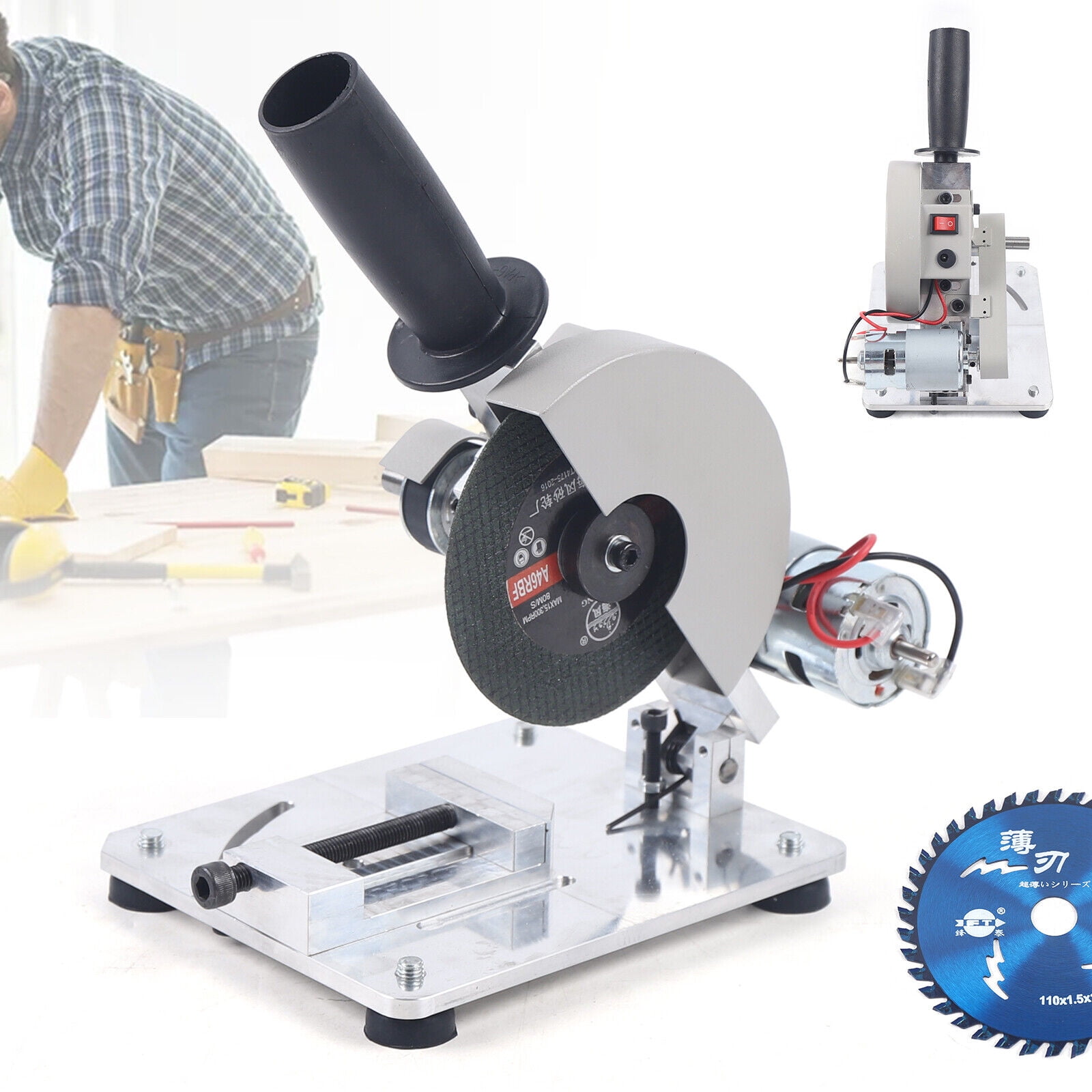 FOGGBET Mini Table Saw, 96W 9000RPM 4 Inch Portable Tabletop Saw, 0-45° Adjustable Mini Miter Saw with 2 Blades, Compact DIY Craft Cutting Machine for Wood, Acrylic, Plastic, PCB