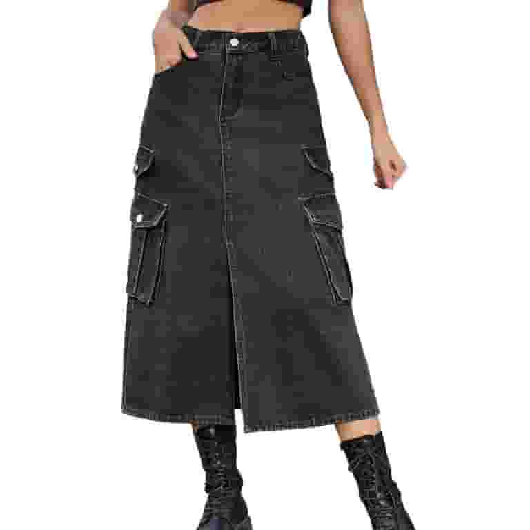 【BAON】Dubs line brushed cargo long skirt Women Cargo Skirts Y2k Cargo Long Skirt High Waisted Vintage