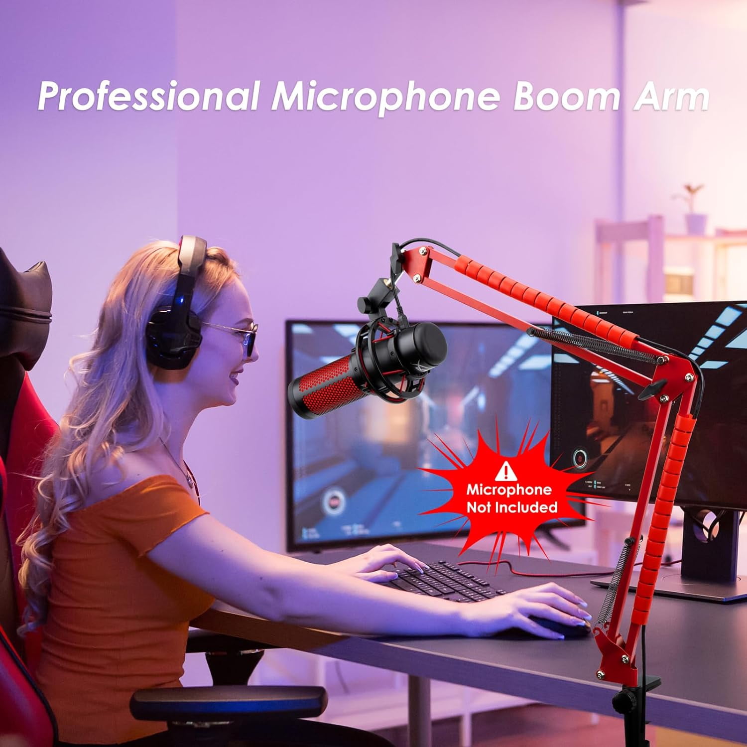 SUNMON Boom Arm Compatible with HyperX Quadcast Microphone, Quadcast Boom Arm with Adapter and 2 Cable Sleeve for Gaming, Streaming（Red）