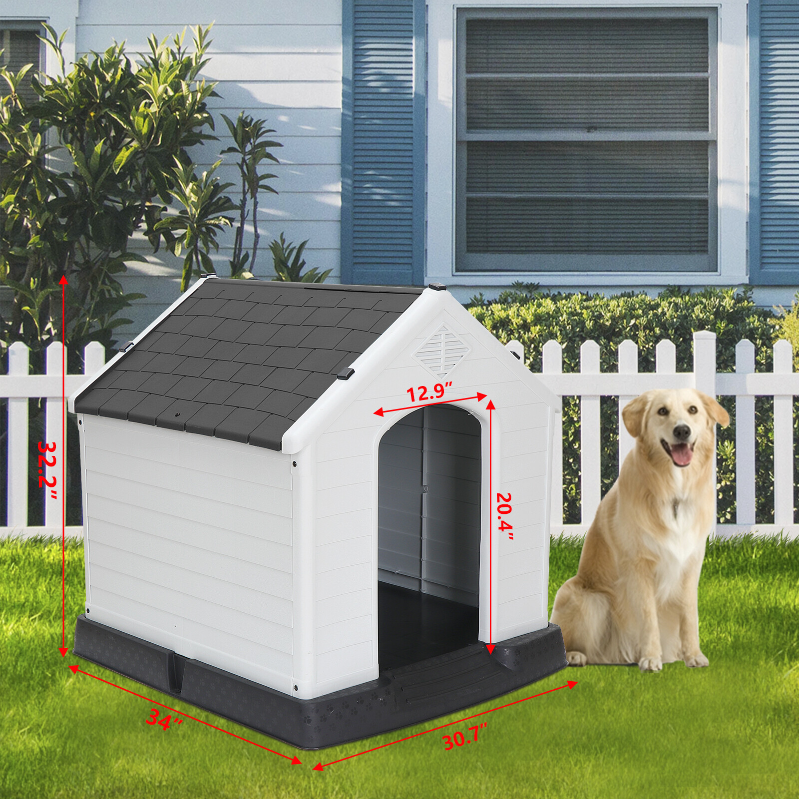 32 Inch Large Plastic Dog House, Dog Kennel Outdoor Waterproof Doghouse Casas para Perros, Puppy Shelter Elevated Floor and Air Vents Igloo Dog House, for Small Medium Large Dogs Outdoor Indoor, Grey