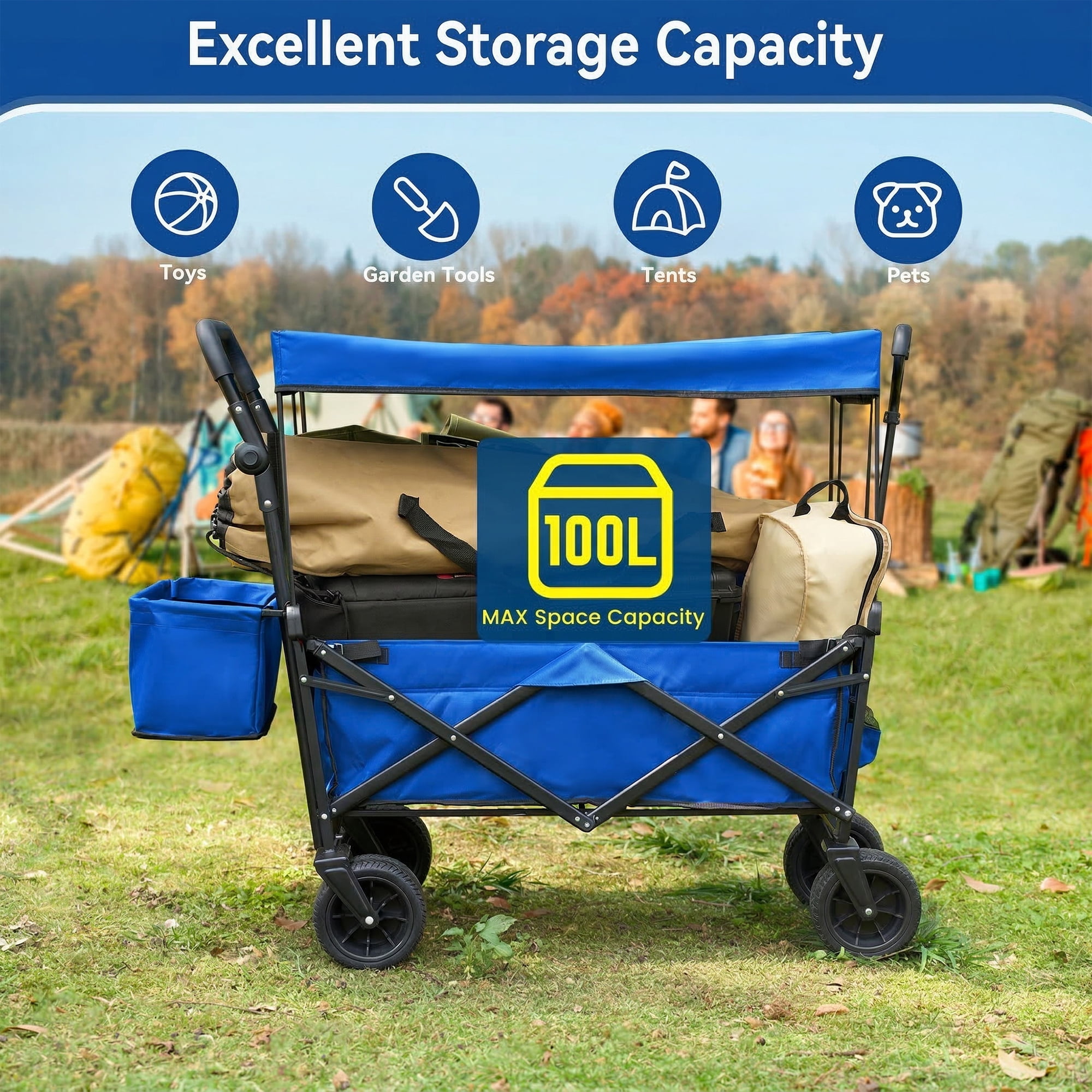 VECUKTY Collapsible Garden Wagon Cart with Removable Canopy Blue