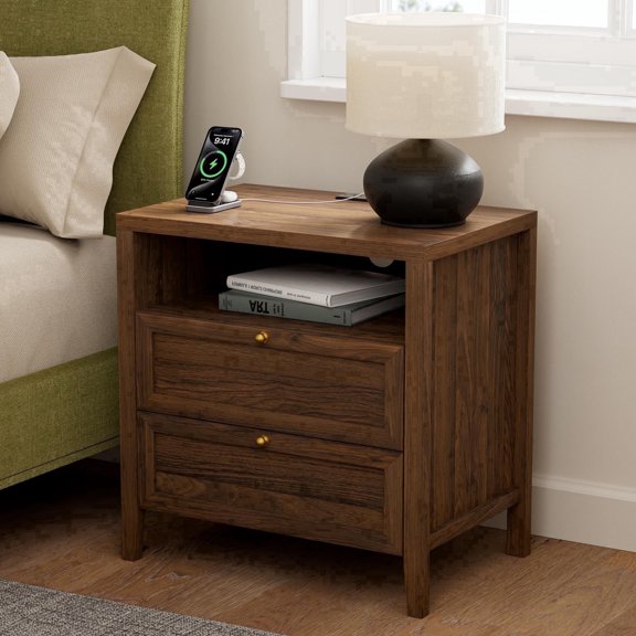 EYYTHUNG Modern Nightstands with 2 Drawers Wooden End Table with Charging Station Farmhouse Night Stand Bedside Side Table with Storage Open Shelf, Brown