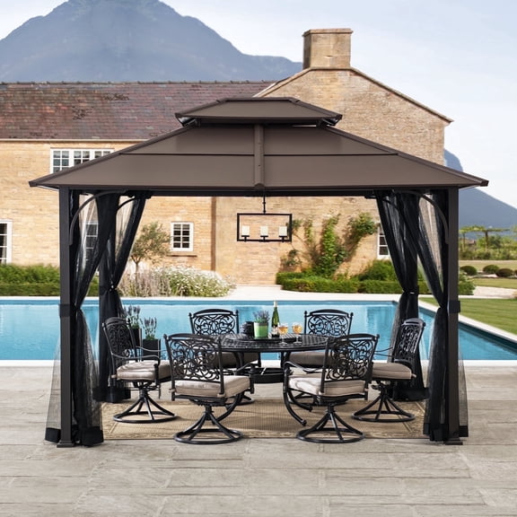 Sunjoy Outdoor Hardtop Gazebo 10 x 12 ft. Steel Frame Gazebo, 2 Tiered Metal Gazebo with Ceiling Hook and Mesh Netting, Brown